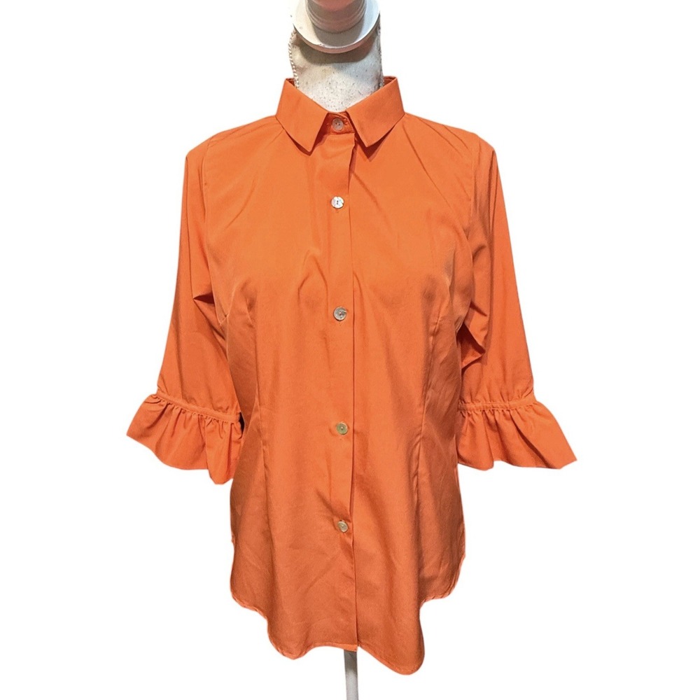 Gretchen Scott S Priss Chiffon Blouse Orange Button Front 3/4 Ruffle Sleeve
